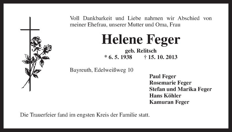  Traueranzeige für Helene Feger vom 22.10.2013 aus Nordbayerischer Kurier