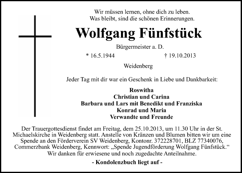  Traueranzeige für Wolfgang Fünfstück vom 23.10.2013 aus Nordbayerischer Kurier