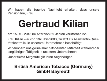 Anzeige von Gertraud Kilian von Nordbayerischer Kurier
