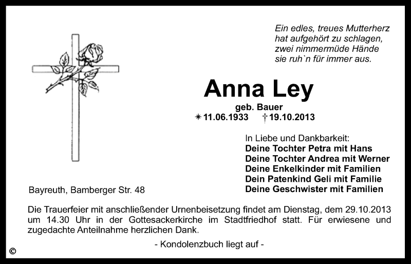  Traueranzeige für Anna Ley vom 25.10.2013 aus Nordbayerischer Kurier