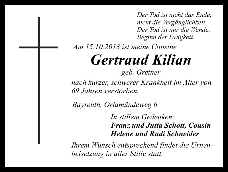  Traueranzeige für Gertraud Kilian vom 26.10.2013 aus Nordbayerischer Kurier