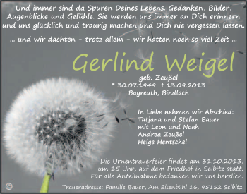 Anzeige von Gerlind Weigel von Nordbayerischer Kurier