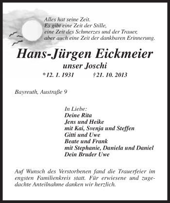 Anzeige von Hans-Jürgen Eickmeier von Nordbayerischer Kurier