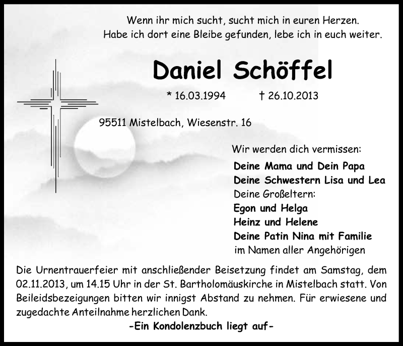  Traueranzeige für Daniel Schöffel vom 30.10.2013 aus Nordbayerischer Kurier