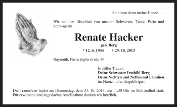 Anzeige von Renate Hacker von Nordbayerischer Kurier