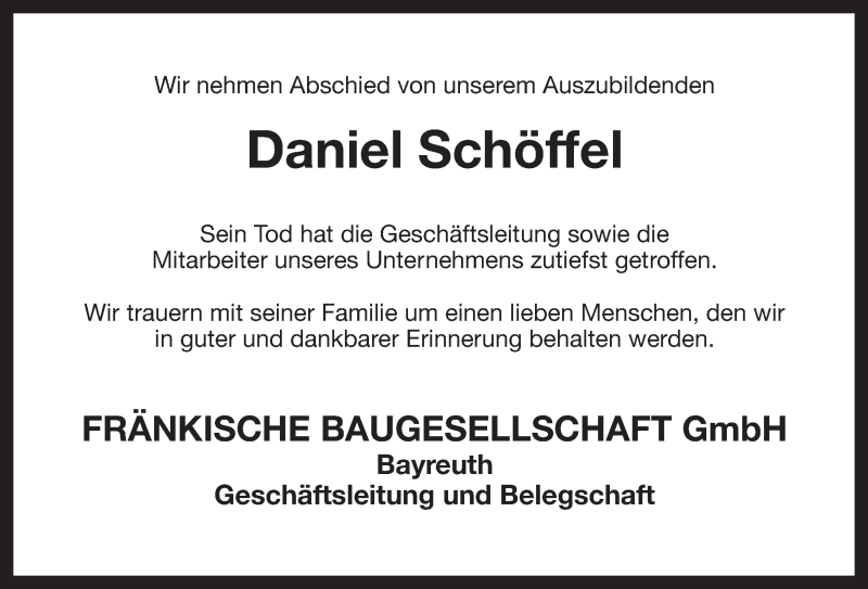  Traueranzeige für Daniel Schöffel vom 31.10.2013 aus Nordbayerischer Kurier