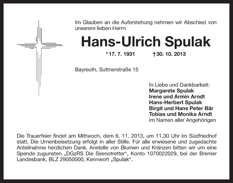  Traueranzeige für Hans-Ulrich Spulak vom 02.11.2013 aus Nordbayerischer Kurier