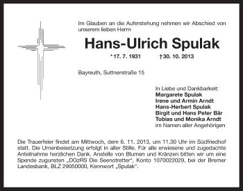 Anzeige von Hans-Ulrich Spulak von Nordbayerischer Kurier
