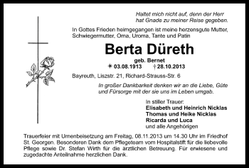 Anzeige von Berta Düreth von Nordbayerischer Kurier