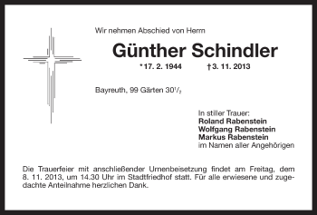 Anzeige von Günther Schindler von Nordbayerischer Kurier