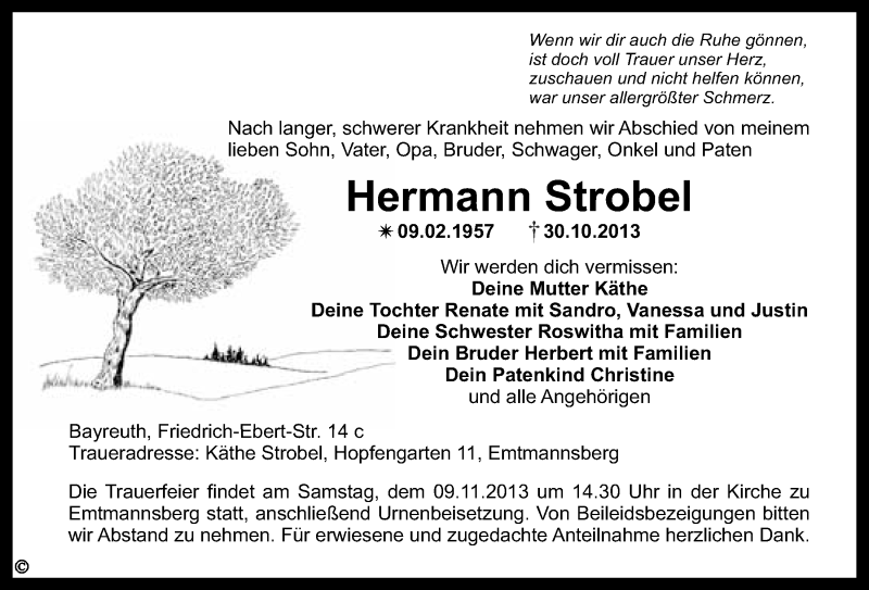  Traueranzeige für Hermann Strobel vom 06.11.2013 aus Nordbayerischer Kurier