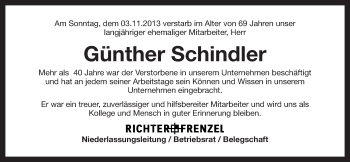 Anzeige von Günther Schindler von Nordbayerischer Kurier