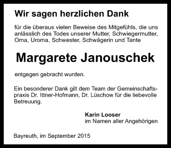 Anzeige von Margarete Janouschek von Nordbayerischer Kurier