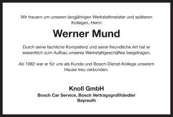 Anzeige von Werner Mund von Nordbayerischer Kurier