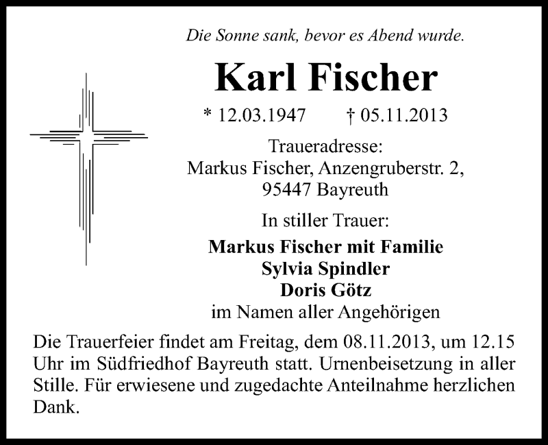  Traueranzeige für Karl Fischer vom 07.11.2013 aus Nordbayerischer Kurier