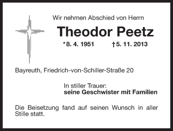 Anzeige von Theodor Peetz von Nordbayerischer Kurier