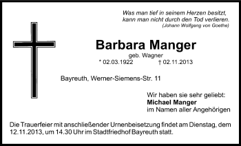 Anzeige von Barbara Manger von Nordbayerischer Kurier