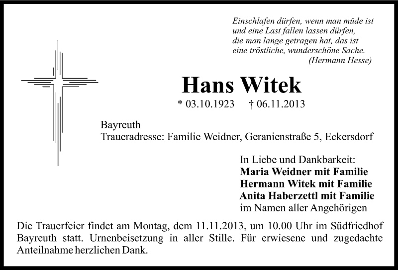 Traueranzeige für Hans Witek vom 08.11.2013 aus Nordbayerischer Kurier