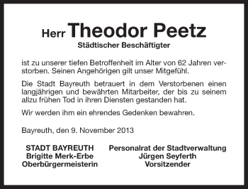 Anzeige von Theodor Peetz von Nordbayerischer Kurier