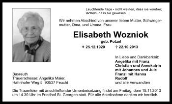 Anzeige von Elisabeth Wozniok von Nordbayerischer Kurier