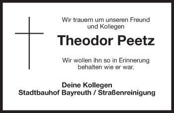 Anzeige von Theodor Peetz von Nordbayerischer Kurier