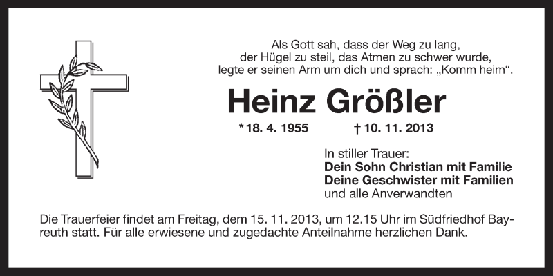  Traueranzeige für Heinz Größler vom 13.11.2013 aus Nordbayerischer Kurier