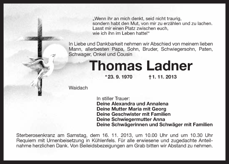  Traueranzeige für Thomas Ladner vom 14.11.2013 aus Nordbayerischer Kurier