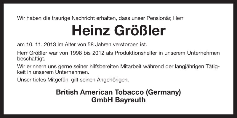  Traueranzeige für Heinz Größler vom 14.11.2013 aus Nordbayerischer Kurier