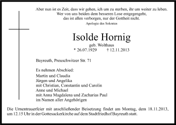 Anzeige von Isolde Hornig von Nordbayerischer Kurier