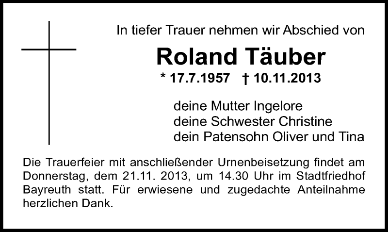  Traueranzeige für Roland Täuber vom 16.11.2013 aus Nordbayerischer Kurier