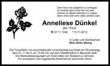 Anzeige von Anneliese Dünkel von Nordbayerischer Kurier
