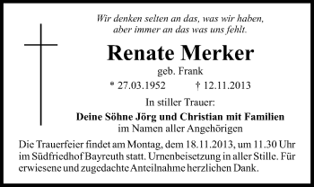 Anzeige von Renate Merker von Nordbayerischer Kurier