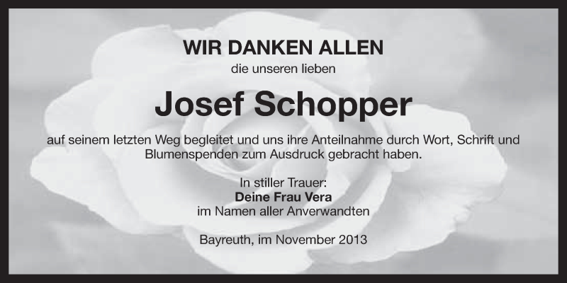  Traueranzeige für Josef Schopper vom 20.11.2013 aus Nordbayerischer Kurier
