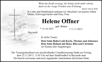 Anzeige von Helene Offner von Nordbayerischer Kurier