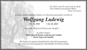 Anzeige von Wolfgang Ludewig von Nordbayerischer Kurier