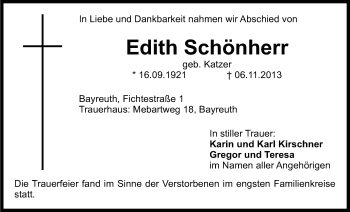 Anzeige von Edith Schönherr von Nordbayerischer Kurier