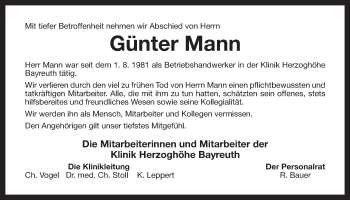 Anzeige von Günter Mann von Nordbayerischer Kurier