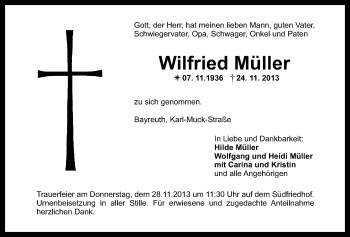 Anzeige von Wilfried Müller von Nordbayerischer Kurier