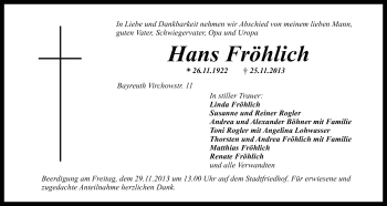 Anzeige von Hans Fröhlich von Nordbayerischer Kurier
