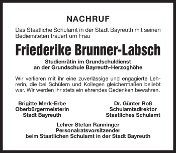 Anzeige von Friederike Brunner-Labsch von Nordbayerischer Kurier