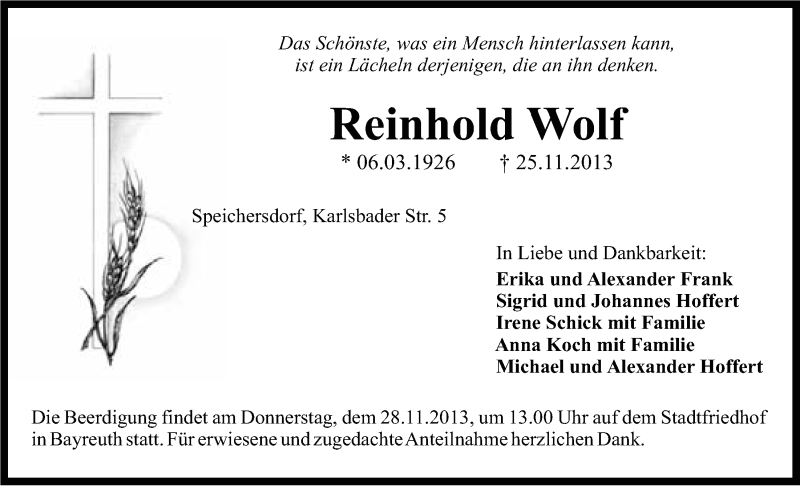  Traueranzeige für Reinhold Wolf vom 27.11.2013 aus Nordbayerischer Kurier