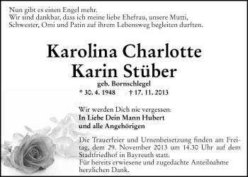 Anzeige von Karolina Charlotte Karin Stüber von Nordbayerischer Kurier