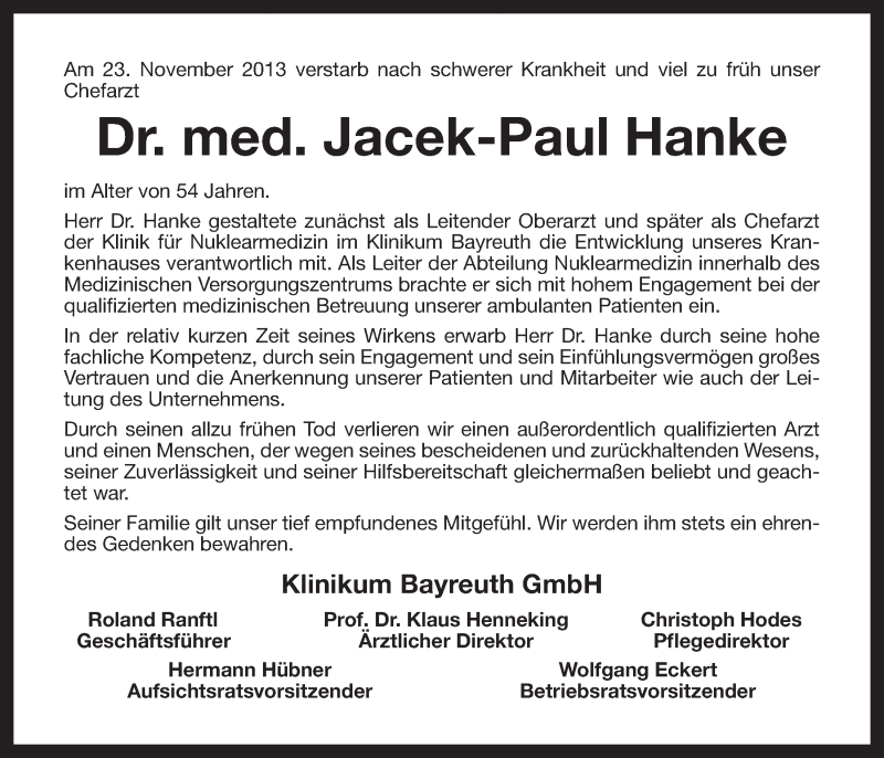  Traueranzeige für Jacek-Paul Hanke vom 30.11.2013 aus Nordbayerischer Kurier