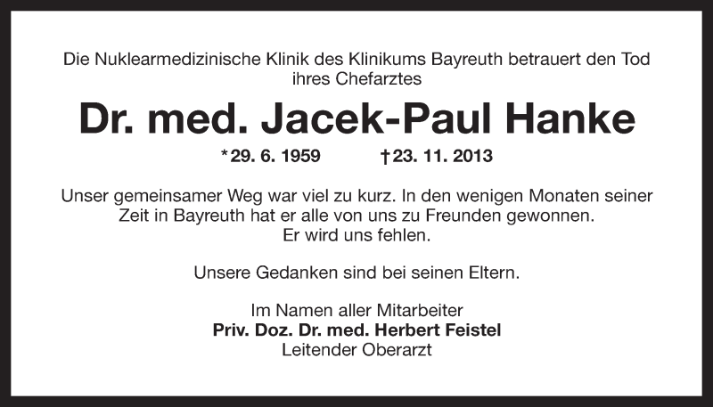 Traueranzeige für Jacek-Paul Hanke vom 30.11.2013 aus Nordbayerischer Kurier