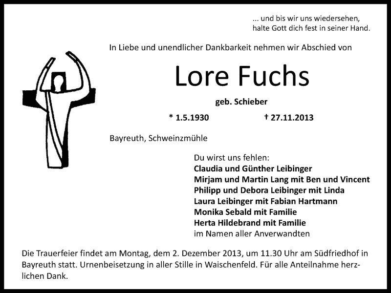  Traueranzeige für Lore Fuchs vom 30.11.2013 aus Nordbayerischer Kurier