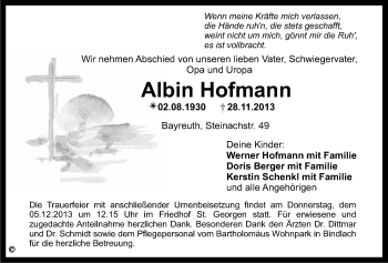 Anzeige von Albin Hofmann von Nordbayerischer Kurier