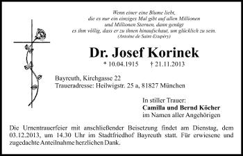 Anzeige von Josef Korinek von Nordbayerischer Kurier
