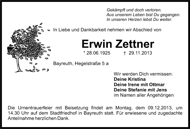  Traueranzeige für Erwin Zettner vom 03.12.2013 aus Nordbayerischer Kurier