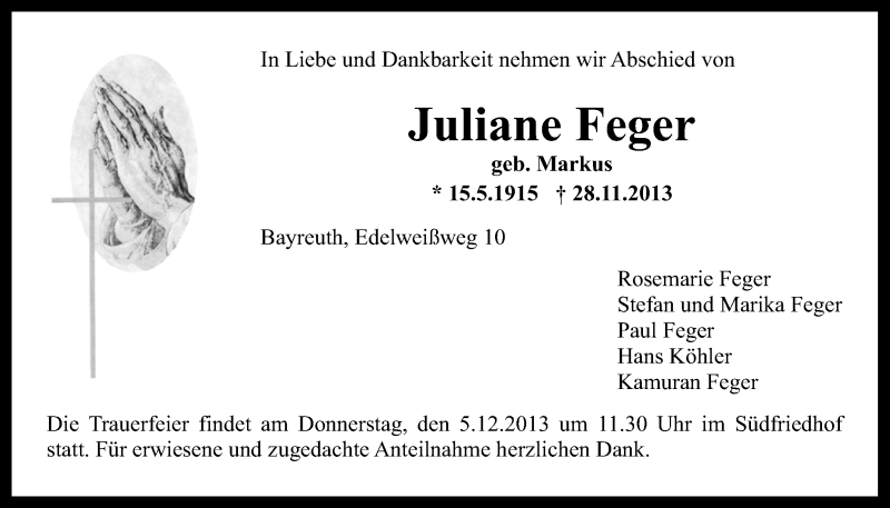  Traueranzeige für Juliane Feger vom 03.12.2013 aus Nordbayerischer Kurier