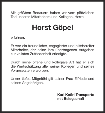 Anzeige von Horst Göpel von Nordbayerischer Kurier